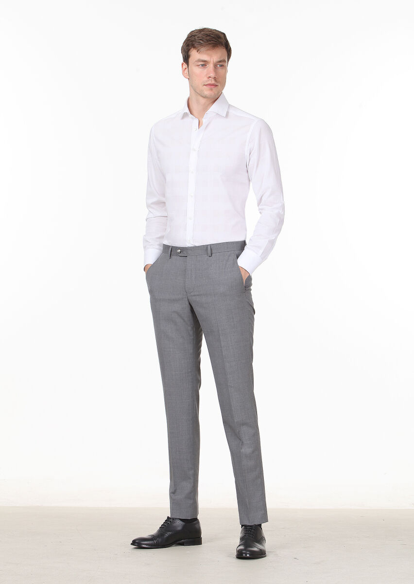 Gri Mikro Kumaş Modern Fit Klasik %100 Yün Pantolon - 1