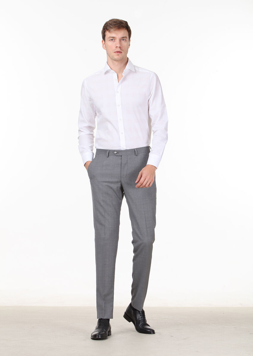 Gri Mikro Kumaş Modern Fit Klasik %100 Yün Pantolon - 2