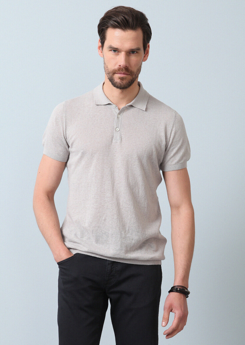 Gri Polo Yaka Jakarlı Pamuk Karışımlı Triko - 2