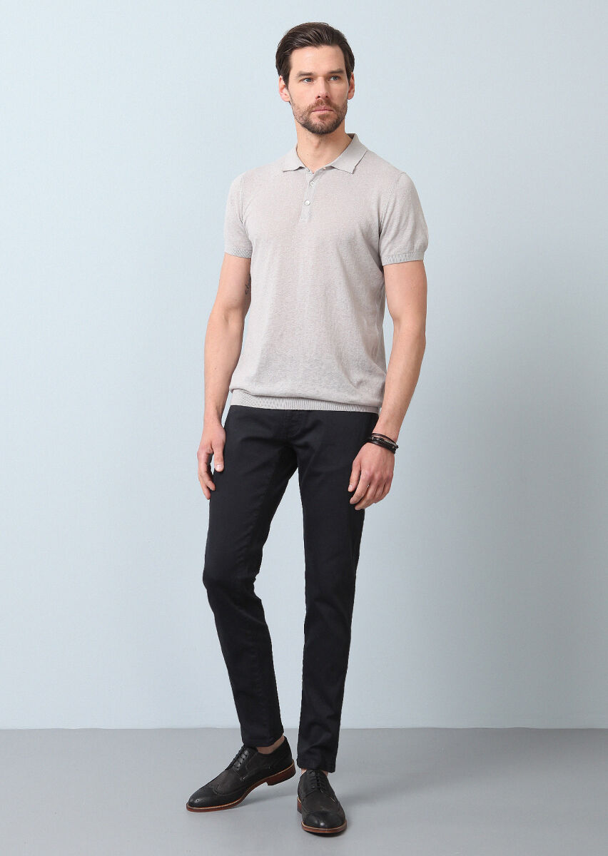 Gri Polo Yaka Jakarlı Pamuk Karışımlı Triko - 5
