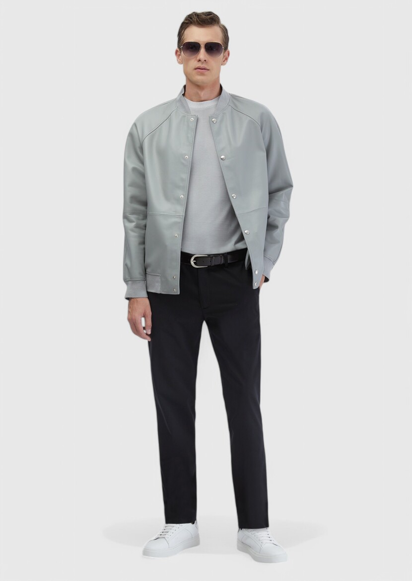 Gri Regular Fit Dik Yaka Casual Koyun Derisi Deri Mont - RAMSEY