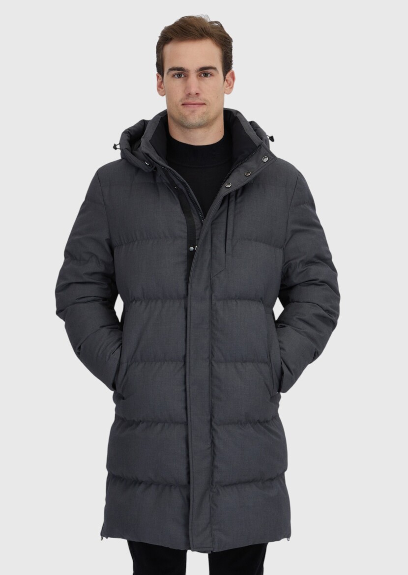 Gri Regular Fit Kapüşonlu Casual Dokuma Kaban - RAMSEY