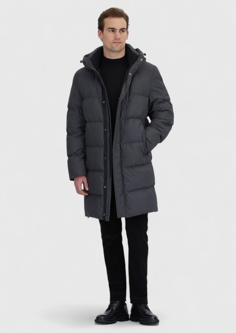 Gri Regular Fit Kapüşonlu Casual Dokuma Kaban - RAMSEY