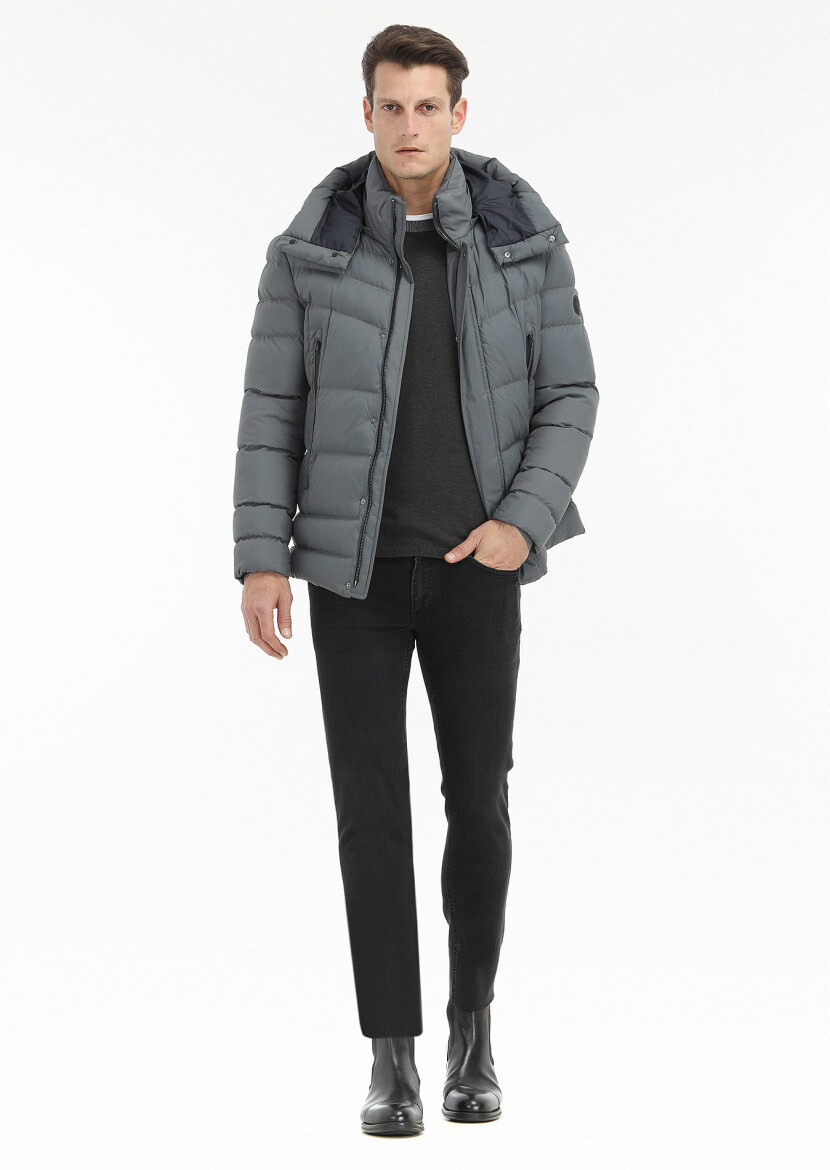 Gri Regular Fit Kapüşonlu Casual Dokuma Mont - 1