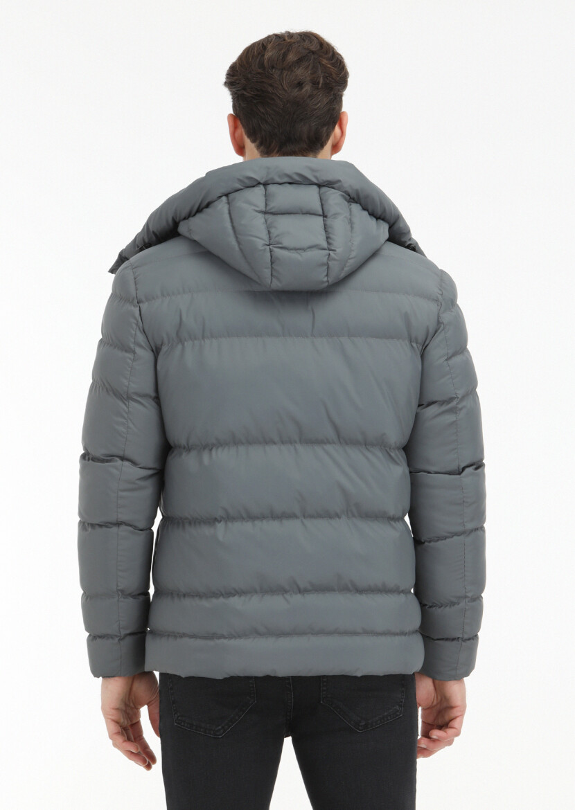 Gri Regular Fit Kapüşonlu Casual Dokuma Mont - 6