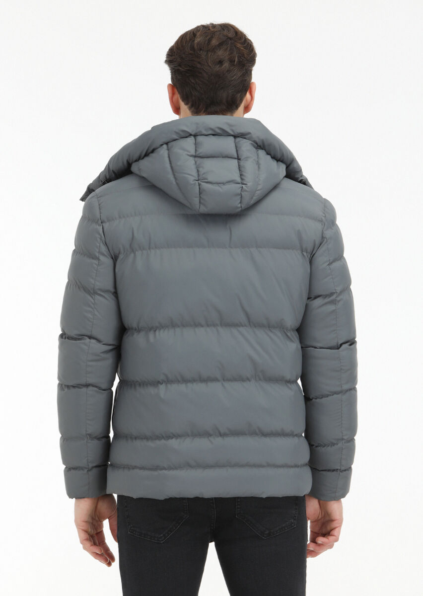 Gri Regular Fit Kapüşonlu Casual Dokuma Mont - 6