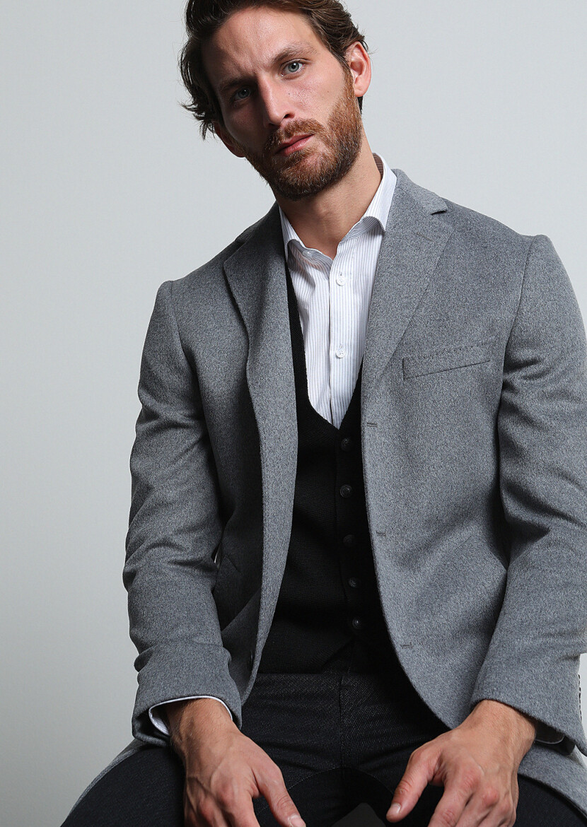 Gri Regular Fit Kelebek Yaka Klasik Dokuma Palto - RAMSEY