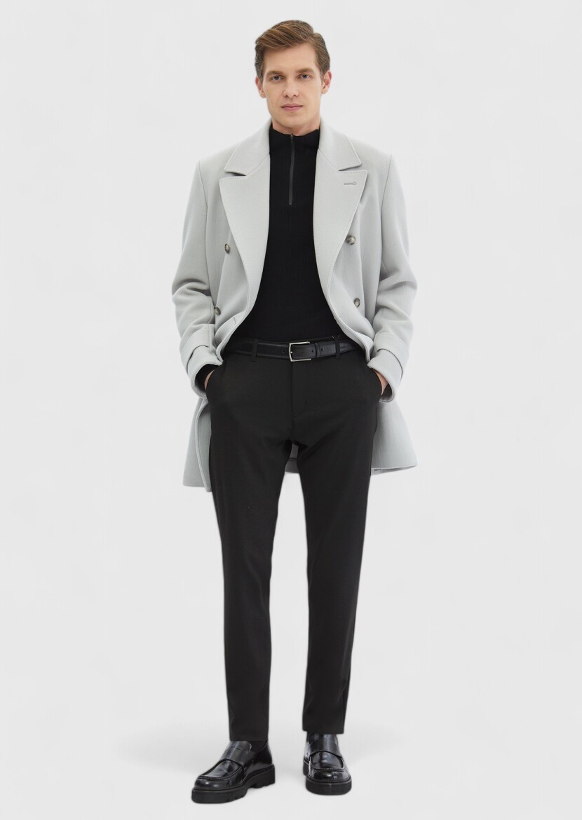 Gri Regular Fit Kruvaze Yaka Casual Dokuma Palto - RAMSEY