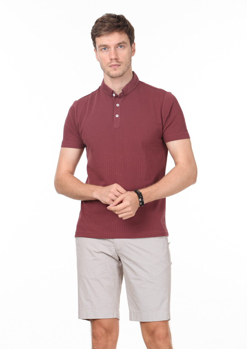 Gül Kurusu Jakarlı Hakim Yaka %100 Pamuk T-Shirt - 1