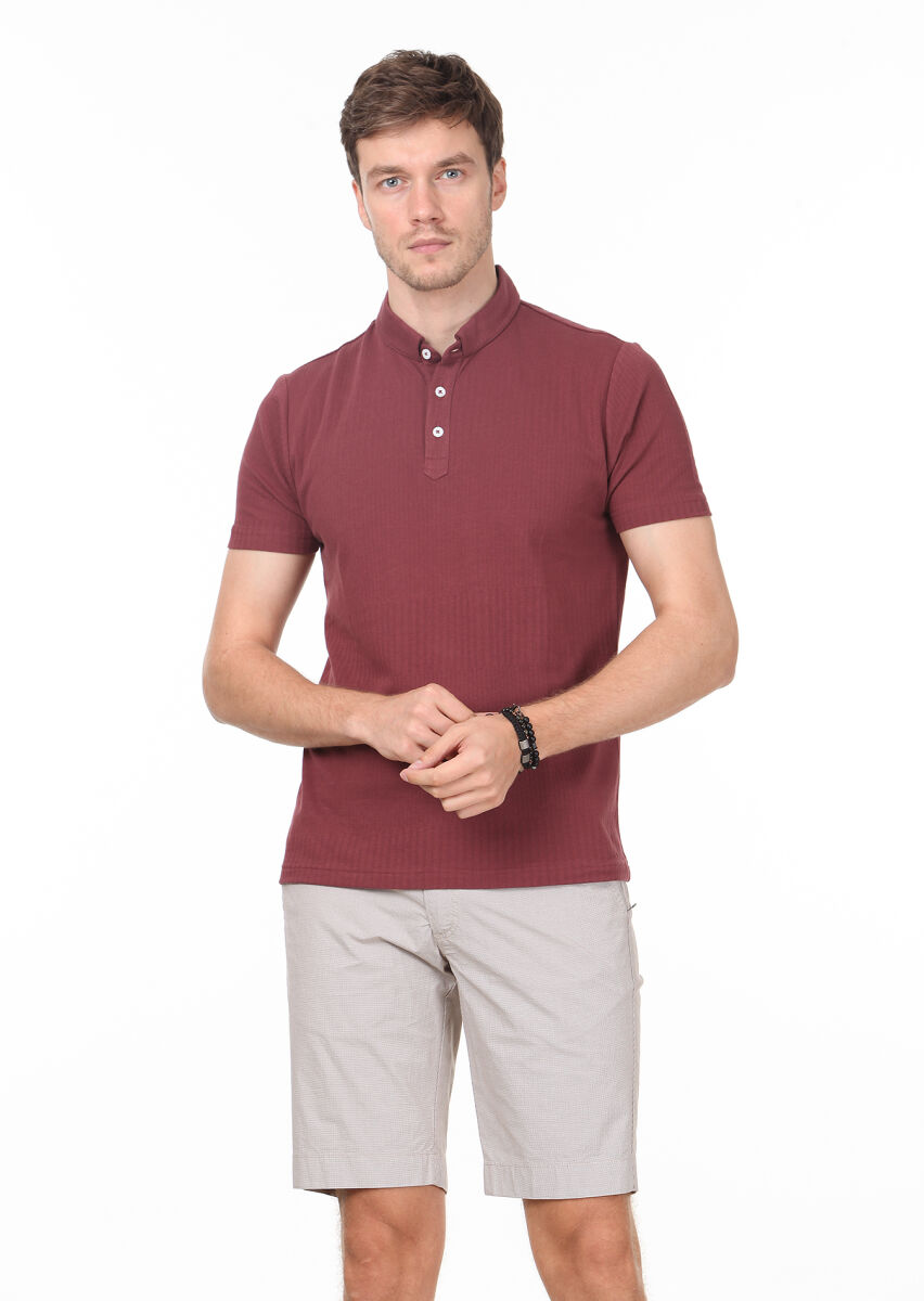 Gül Kurusu Jakarlı Hakim Yaka %100 Pamuk T-Shirt - 1