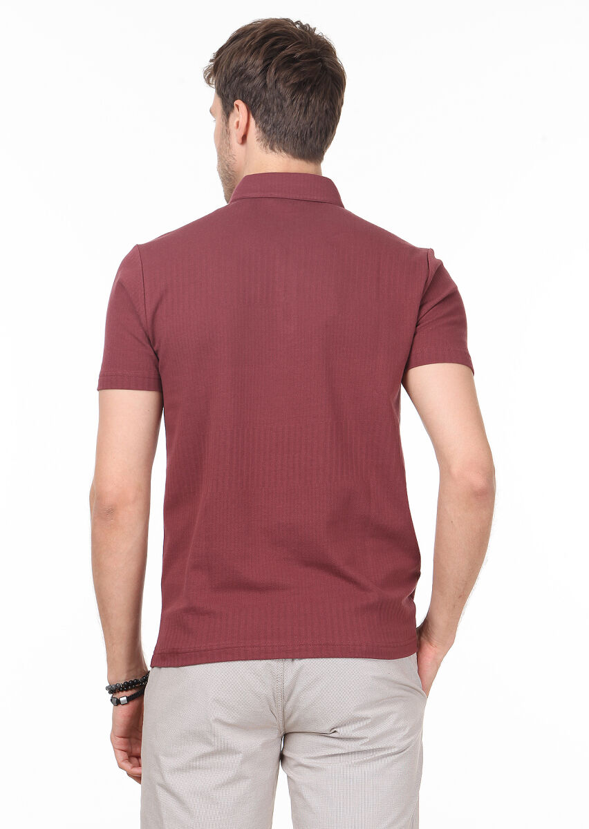 Gül Kurusu Jakarlı Hakim Yaka %100 Pamuk T-Shirt - 4