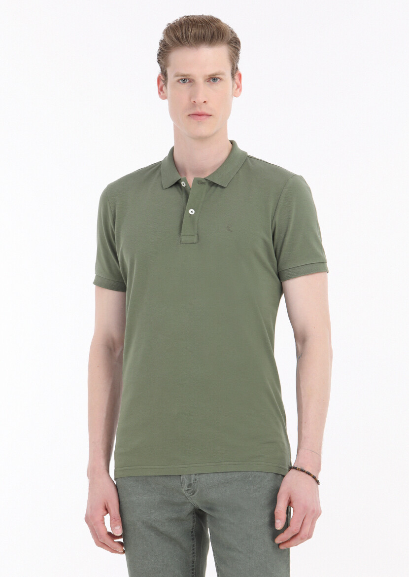 Haki Baskılı Polo Yaka %100 Pamuk T-Shirt 