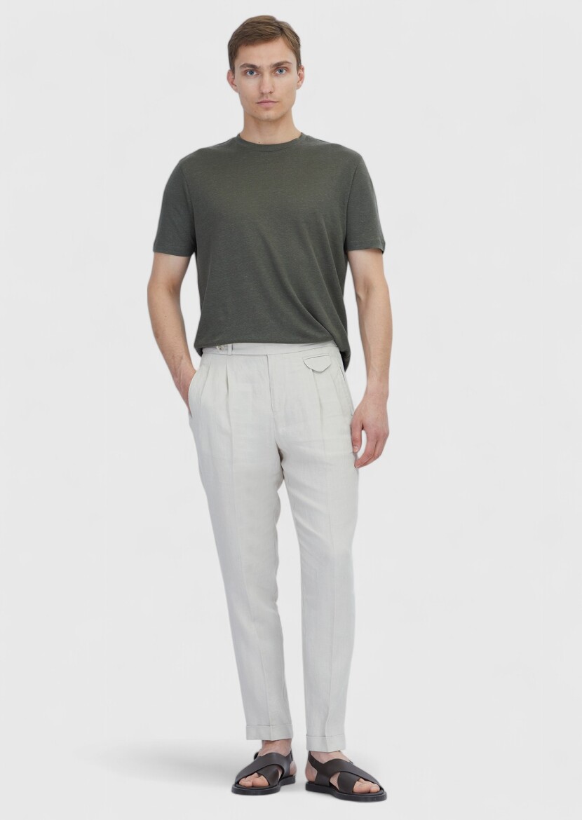 Haki Düz Bisiklet Yaka %100 Keten T-Shirt - RAMSEY