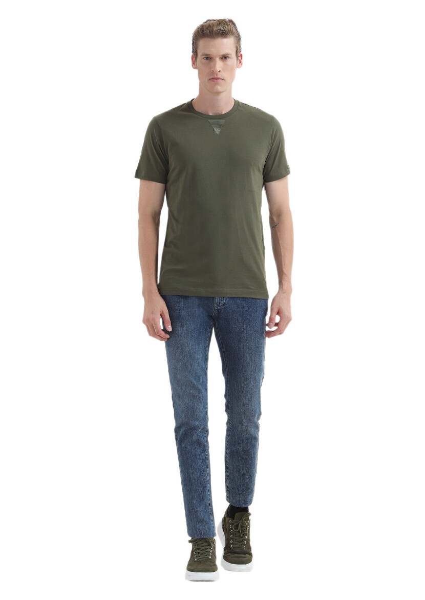 Haki Düz Bisiklet Yaka %100 Pamuk T-Shirt 