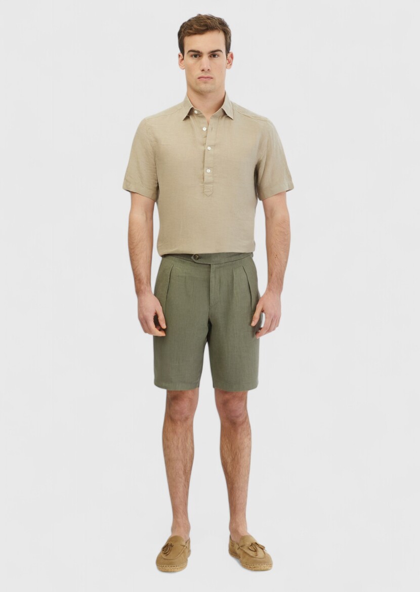 Haki Düz Dokuma Carrot Fit Casual %100 Keten Bermuda - 1