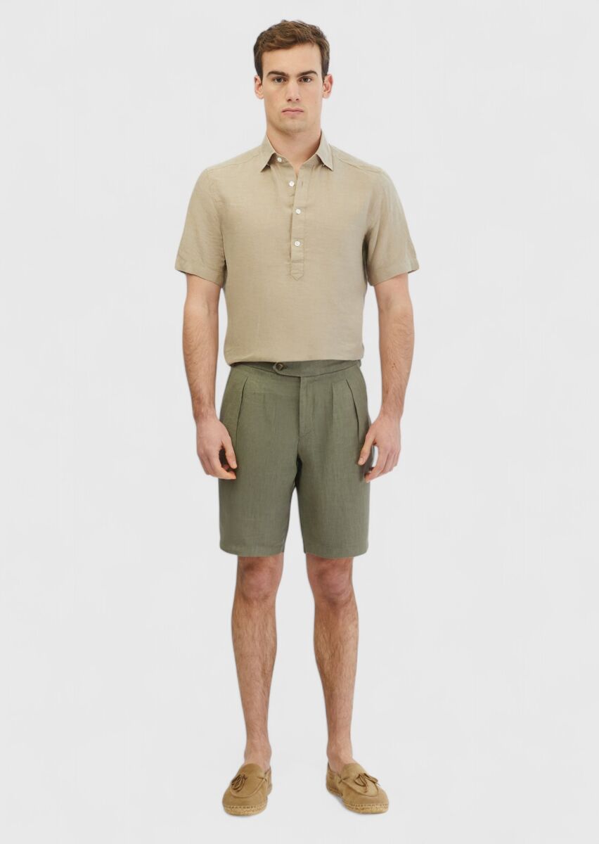 Haki Düz Dokuma Carrot Fit Casual %100 Keten Bermuda - 1