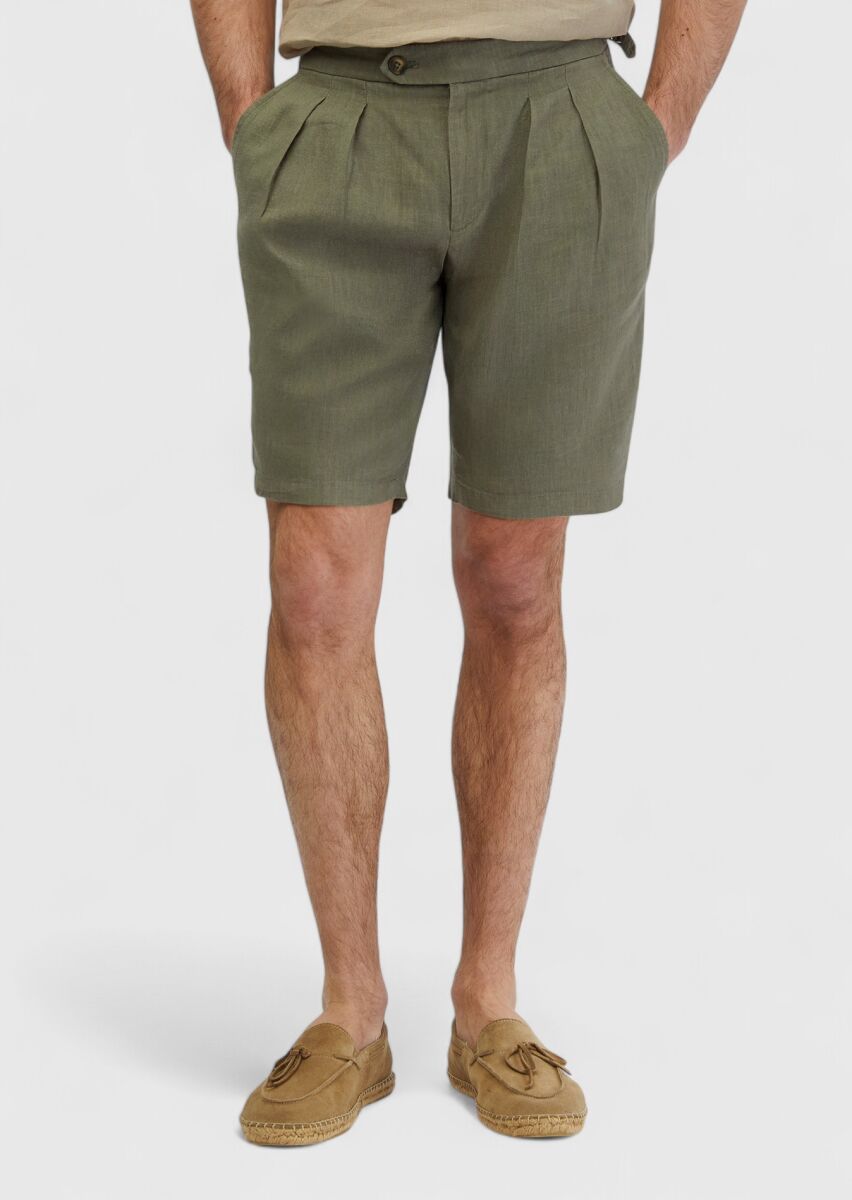 Haki Düz Dokuma Carrot Fit Casual %100 Keten Bermuda - 2