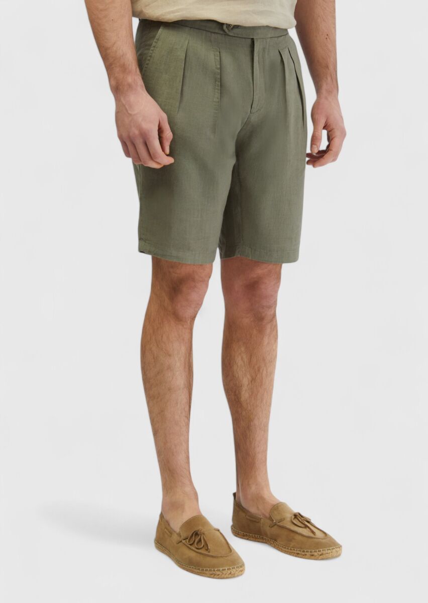 Haki Düz Dokuma Carrot Fit Casual %100 Keten Bermuda - 3
