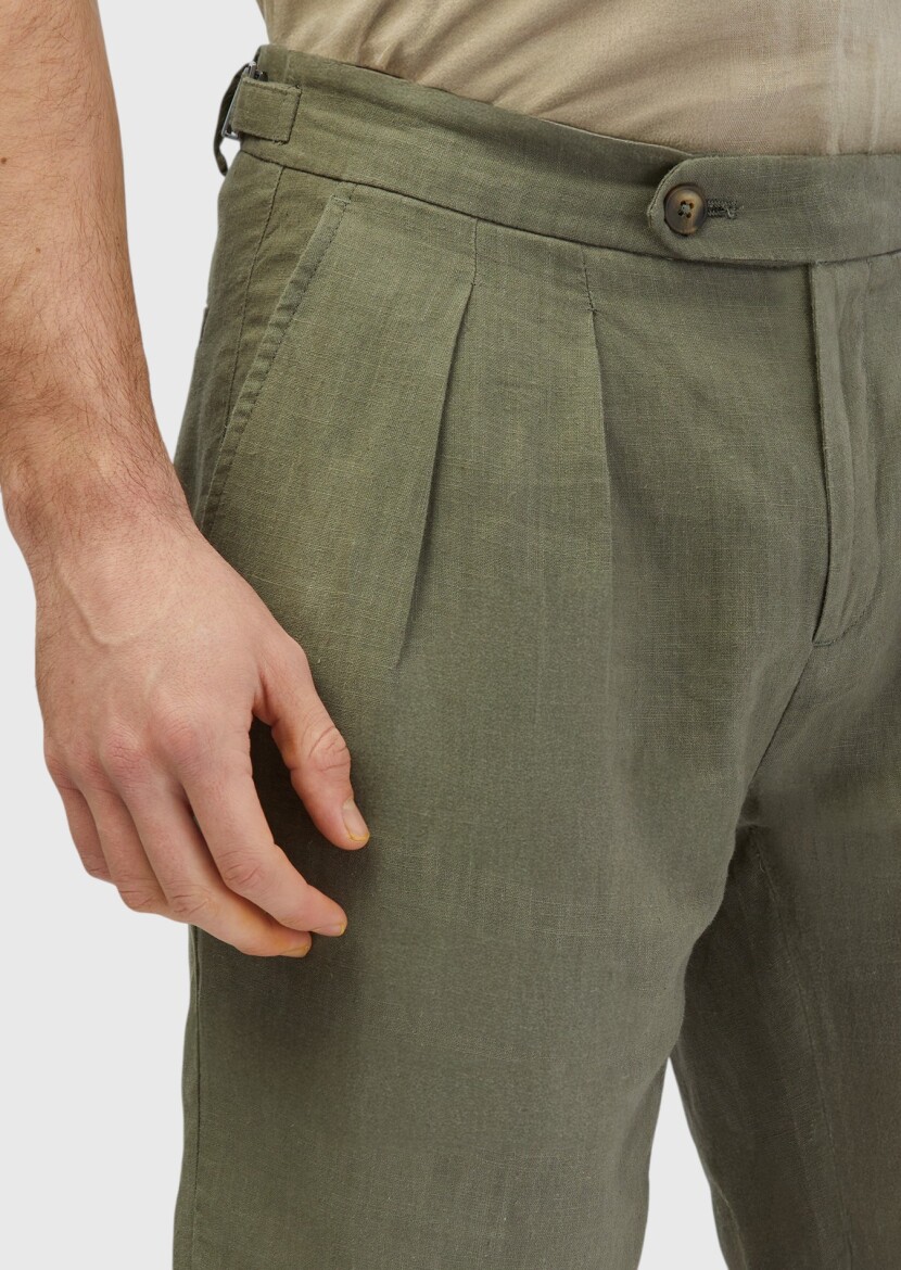 Haki Düz Dokuma Carrot Fit Casual %100 Keten Bermuda - 4