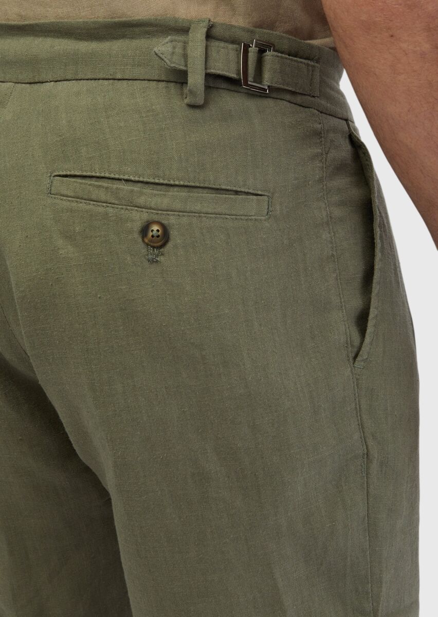 Haki Düz Dokuma Carrot Fit Casual %100 Keten Bermuda - 5