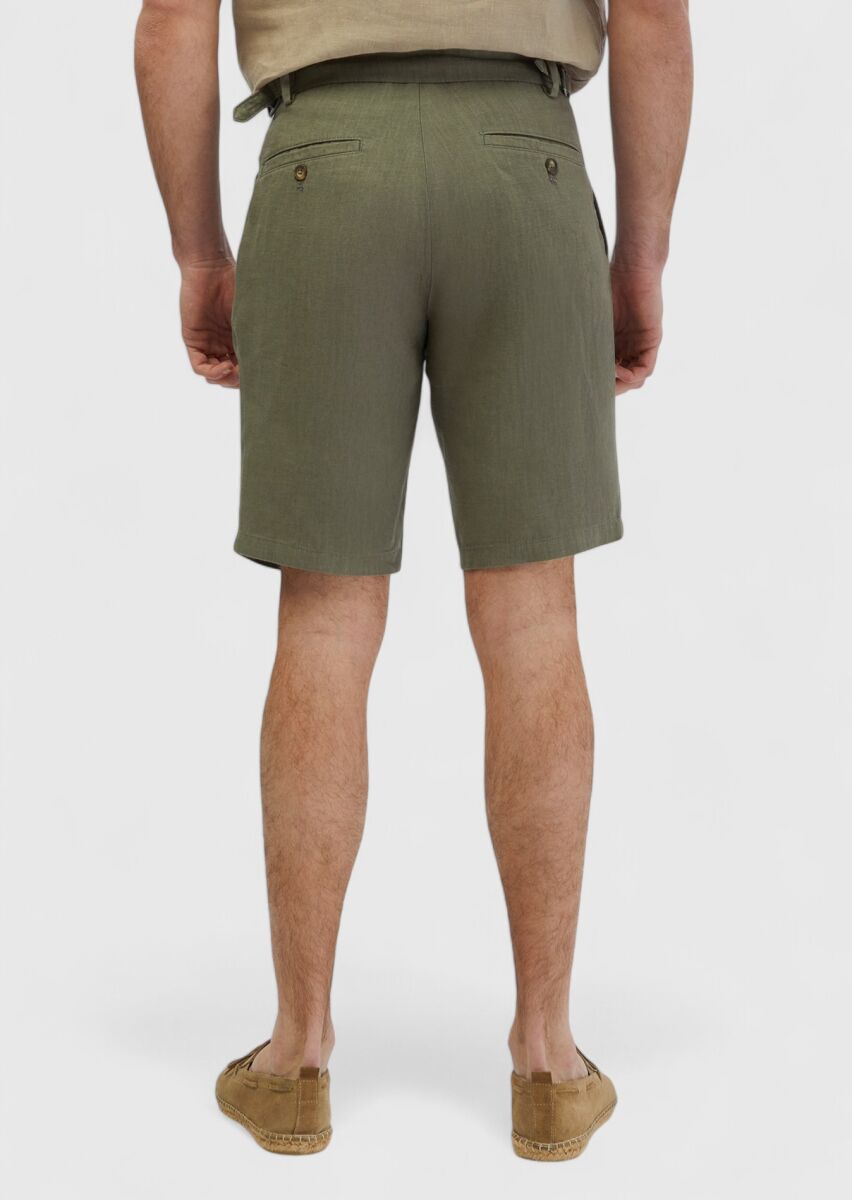 Haki Düz Dokuma Carrot Fit Casual %100 Keten Bermuda - 6