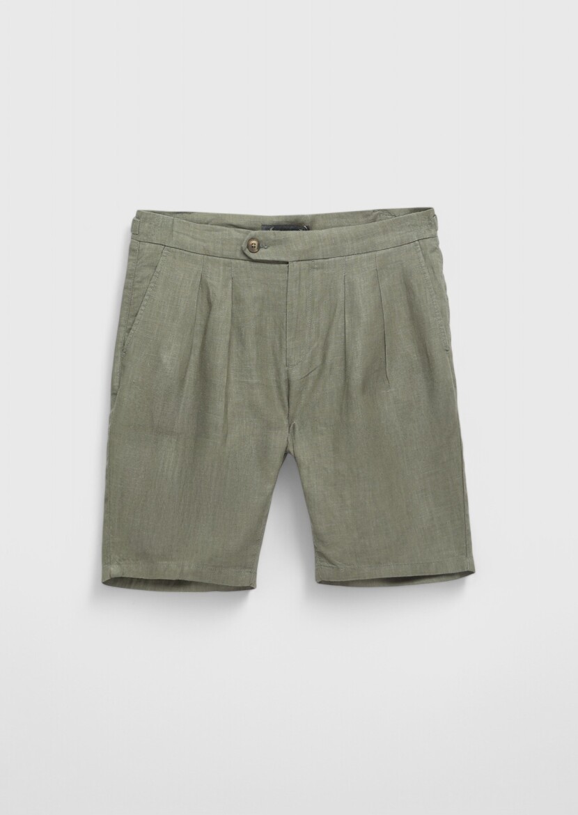 Haki Düz Dokuma Carrot Fit Casual %100 Keten Bermuda - 7