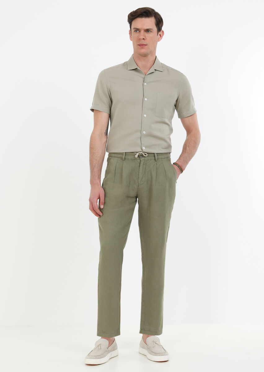 Haki Düz Dokuma Casual %100 Keten Pantolon - 2