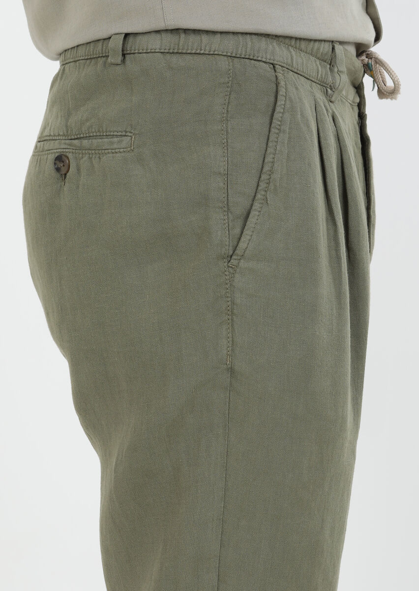 Haki Düz Dokuma Casual %100 Keten Pantolon - 5