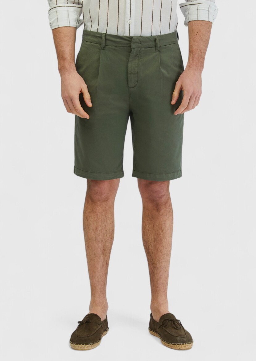 Haki Düz Dokuma Regular Fit Casual Pamuk Karışımlı Bermuda 