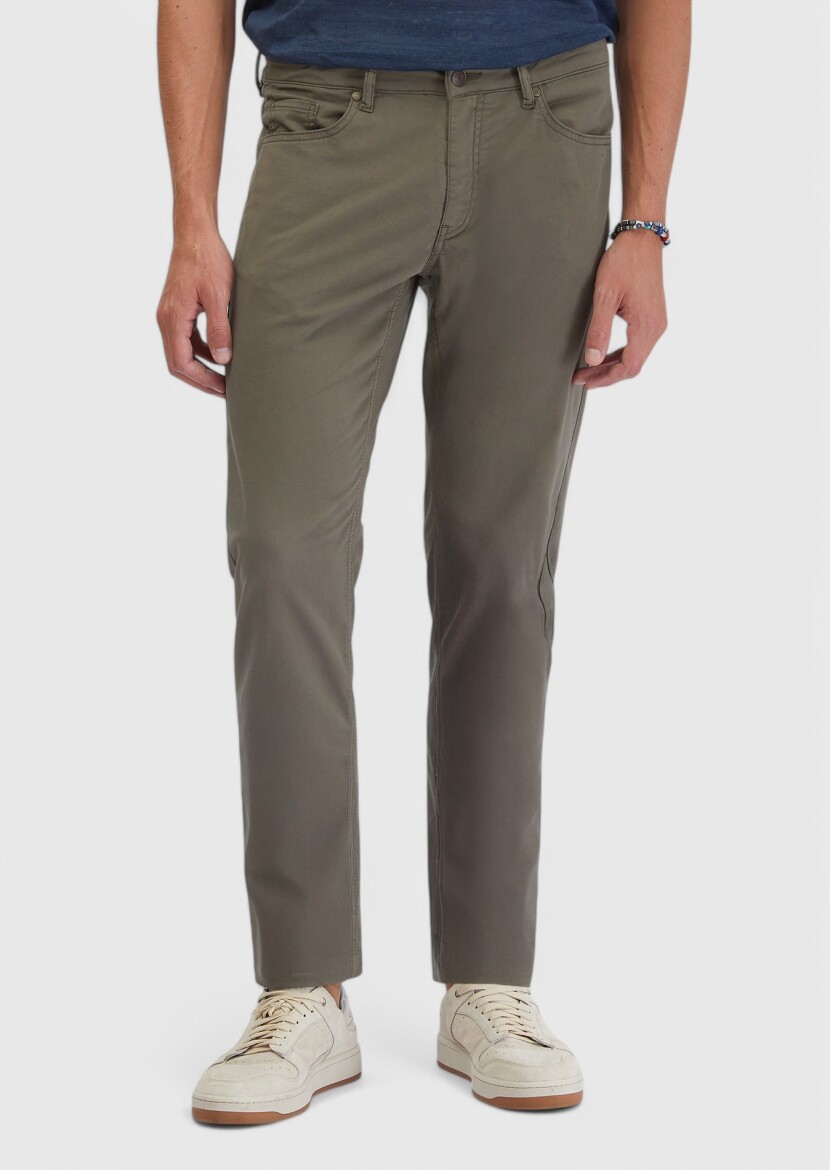 Haki Düz Dokuma Slim Fit Casual Pamuk Karışımlı Pantolon 