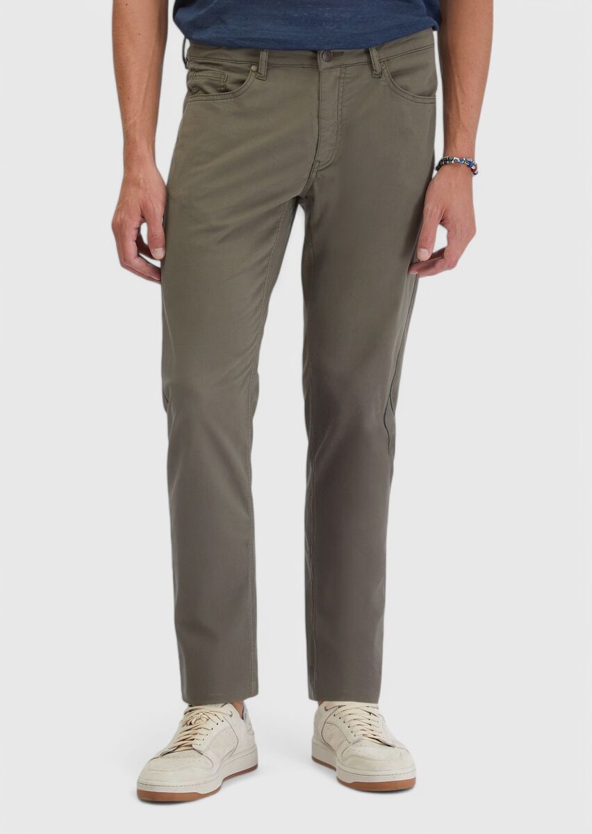 Haki Düz Dokuma Slim Fit Casual Pamuk Karışımlı Pantolon - 2