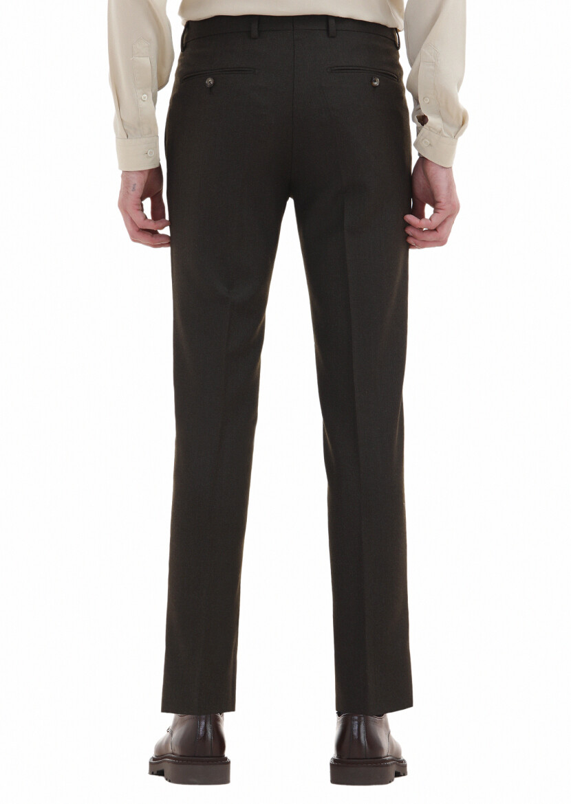 Haki Düz Kumaş Modern Fit Klasik Yün Karışımlı Pantolon - 4
