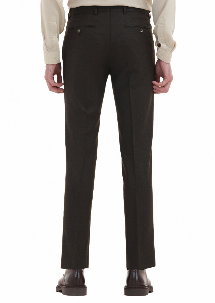 Haki Düz Kumaş Modern Fit Klasik Yün Karışımlı Pantolon - 4