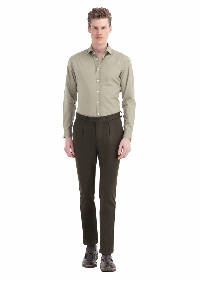 Haki Düz Örme Regular Fit Casual Pantolon - 1