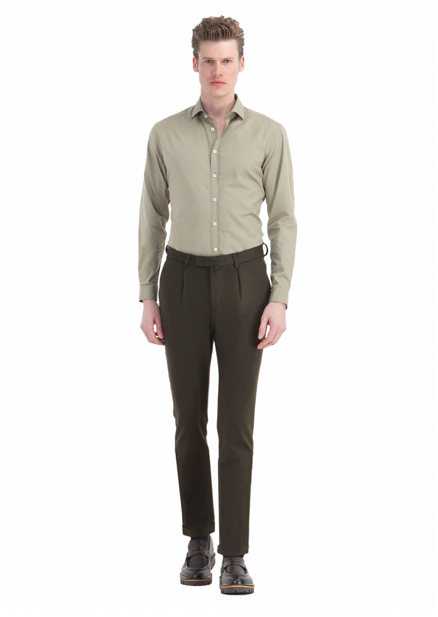 Haki Düz Örme Regular Fit Casual Pantolon - 1