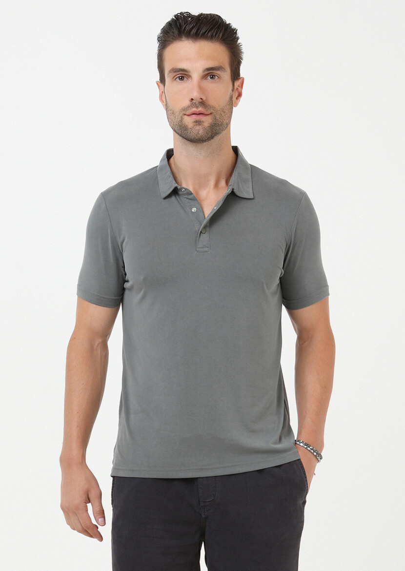 Haki Düz Polo Yaka %100 Pamuk T-Shirt 