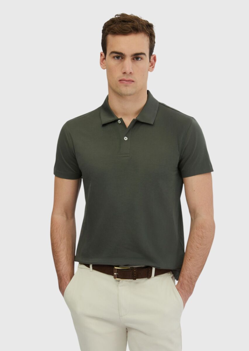 Haki Düz Polo Yaka %100 Pamuk T-Shirt - 1