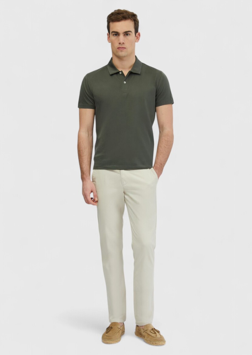 Haki Düz Polo Yaka %100 Pamuk T-Shirt 