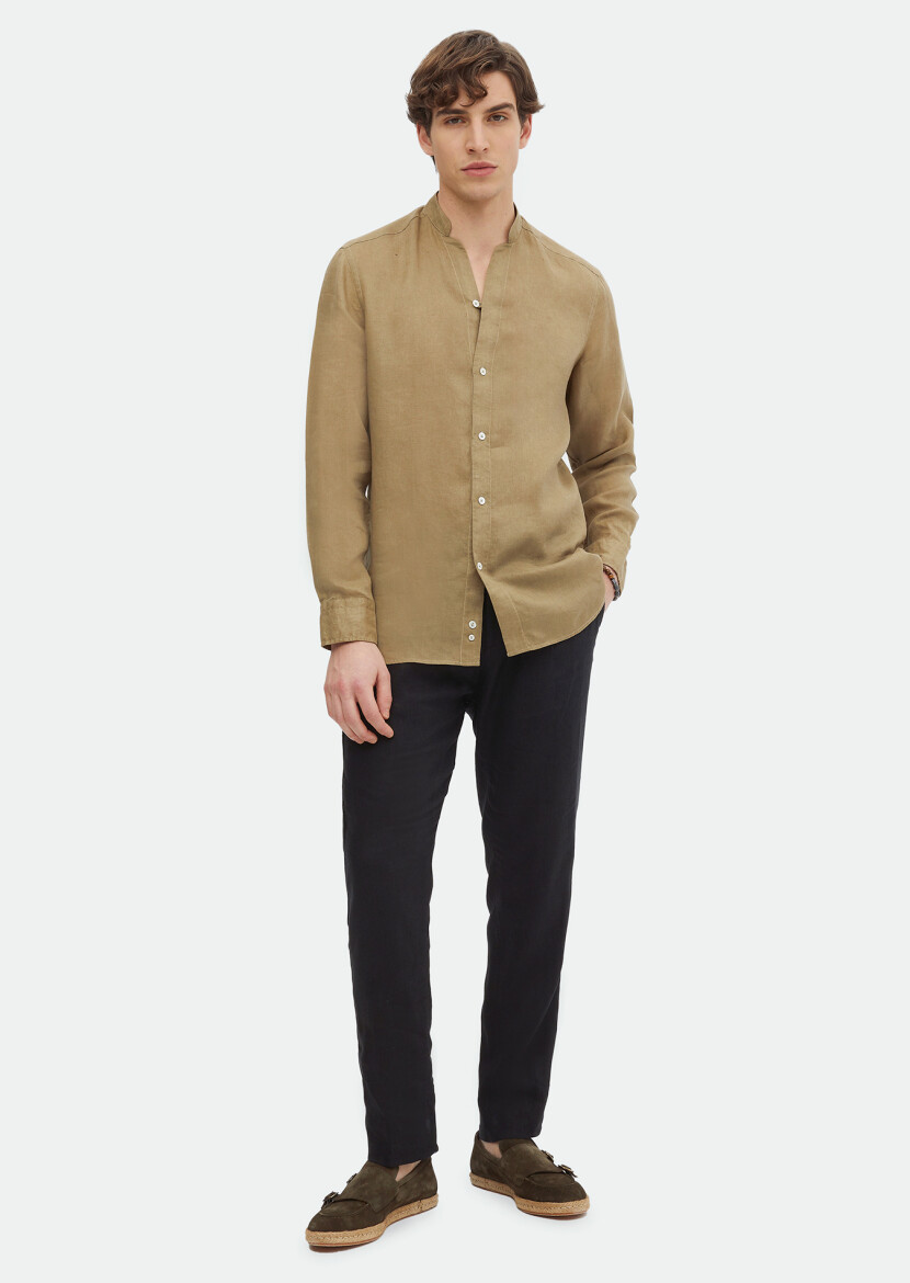 Haki Düz Regular Fit Dokuma Casual %100 Keten Gömlek 