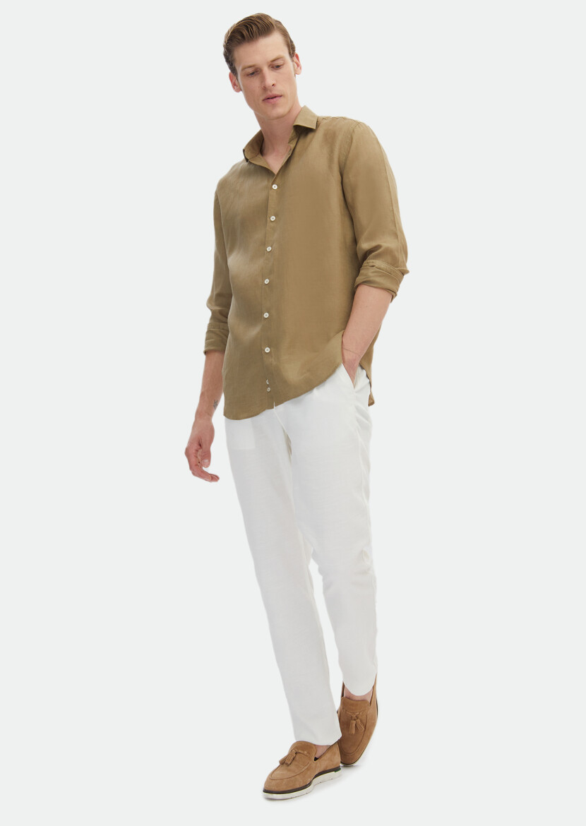 Haki Düz Regular Fit Dokuma Casual %100 Keten Gömlek 