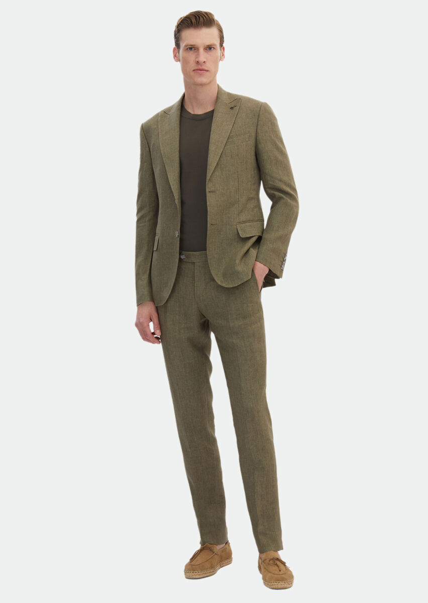 Haki Düz Zeroweight Slim Fit %100 Keten Takım Elbise - 2