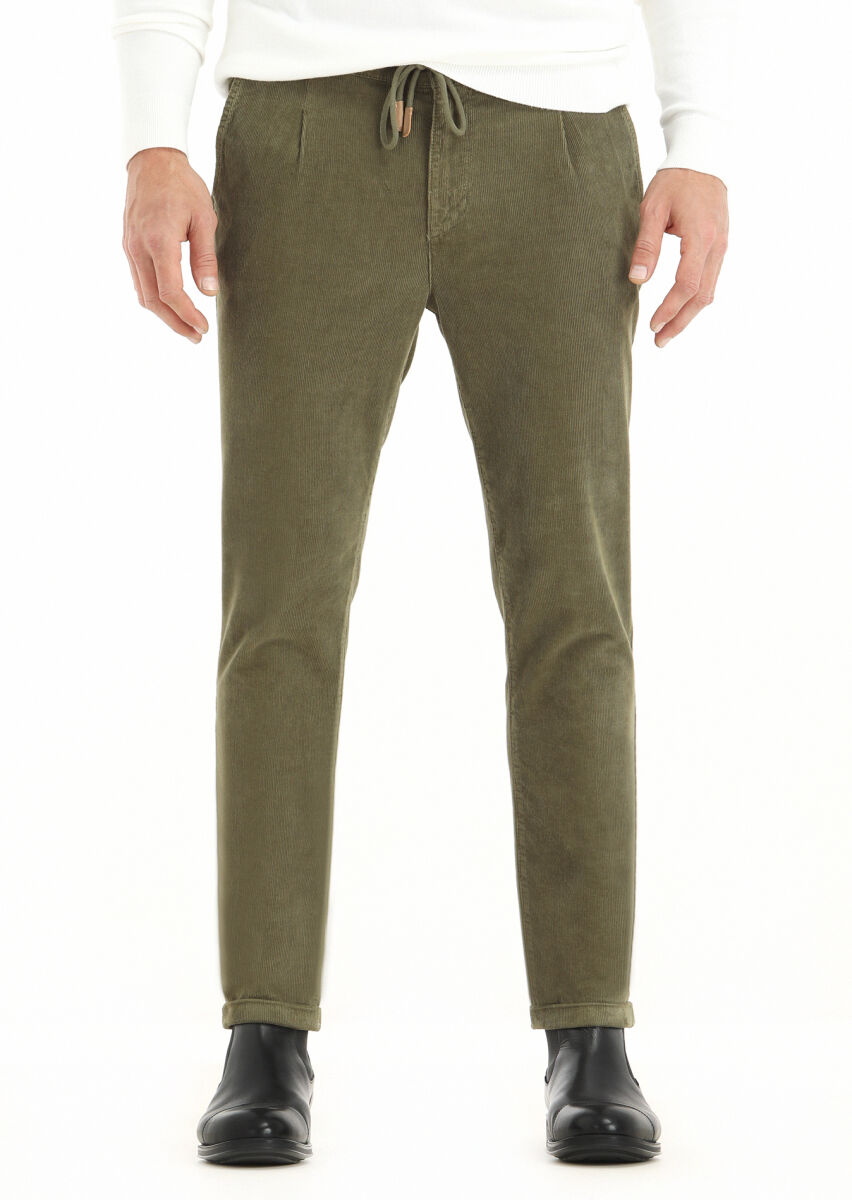 Haki Fitilli Dokuma Jogging Fit Kadife Casual Pamuk Karışımlı Pantolon - 1