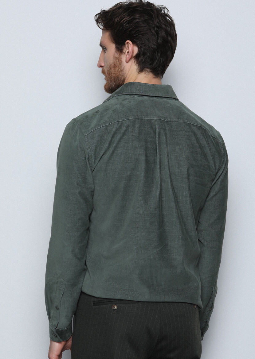 Haki Fitilli Regular Fit Dokuma Kadife Casual Pamuk Karışımlı Gömlek - 5