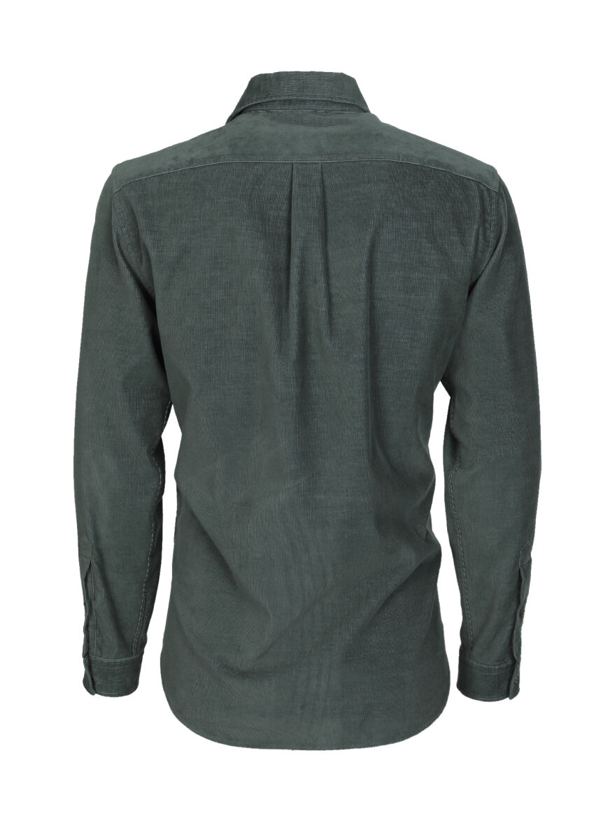 Haki Fitilli Regular Fit Dokuma Kadife Casual Pamuk Karışımlı Gömlek - 7
