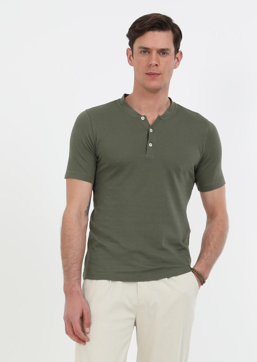 Haki Jakarlı Bisiklet Yaka %100 Pamuk T-Shirt - 1