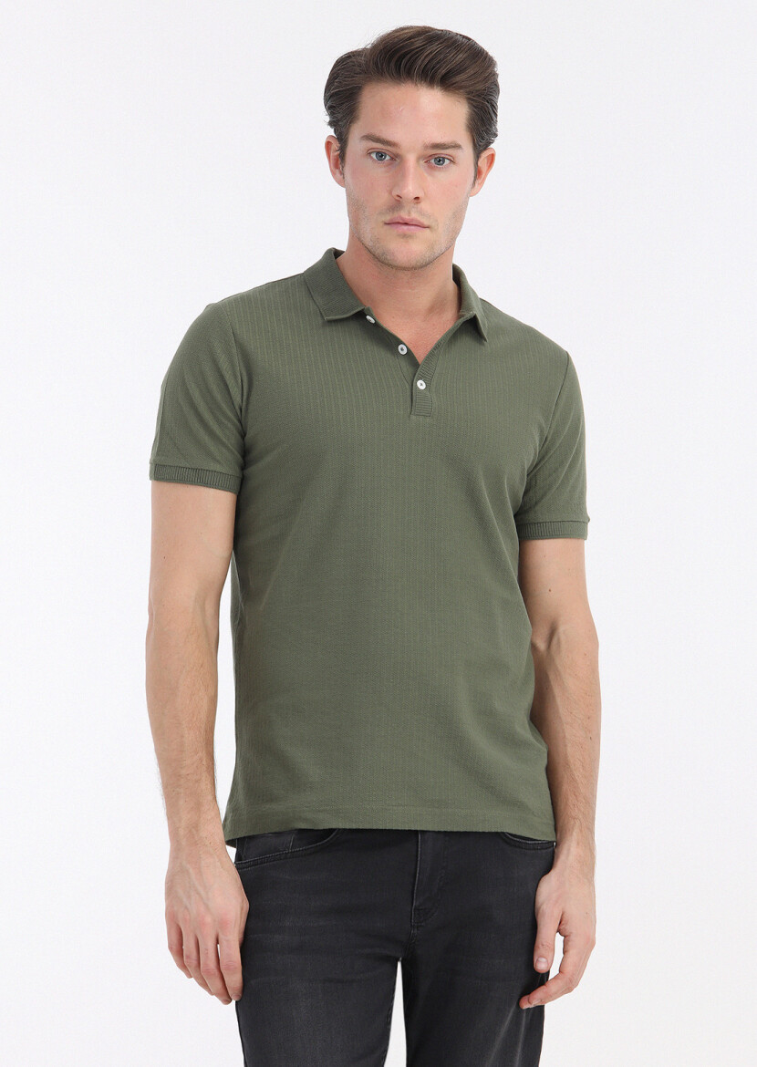 Haki Jakarlı Polo Yaka %100 Pamuk T-Shirt 