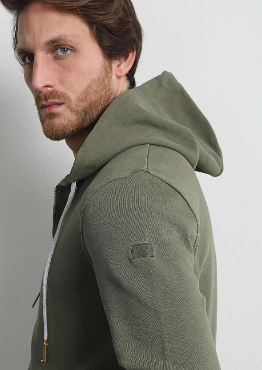 Haki Kapüşonlu Düz Sweatshırt - 2