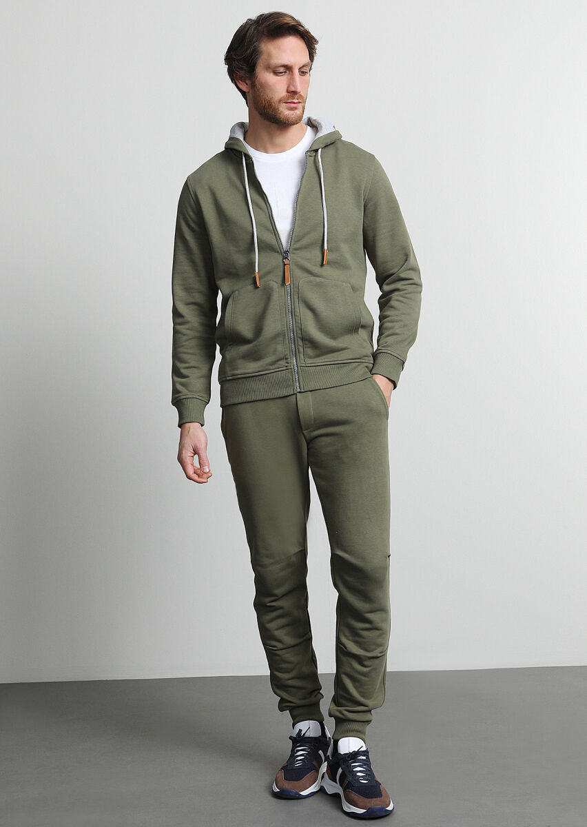 Haki Kapüşonlu Düz Sweatshırt - 3