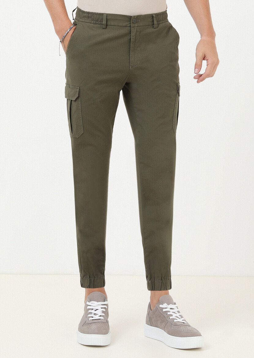 Haki Kareli Dokuma Jogging Fit Casual Pamuk Karışımlı Pantolon 