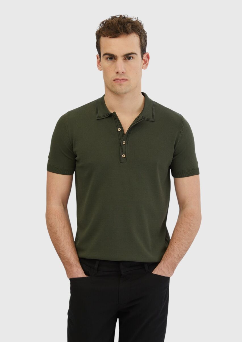 Haki Polo Yaka Düz Örgü Triko - 1